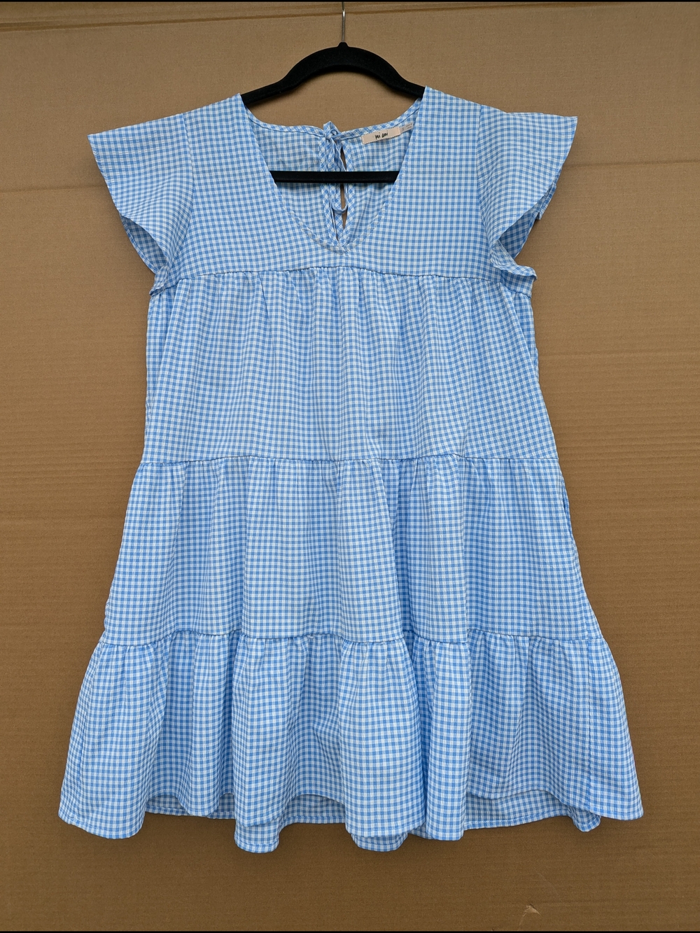 Mi Ami Gingham Check Tiered Flutter Sleeve Babydoll Dress Small Baby Blue